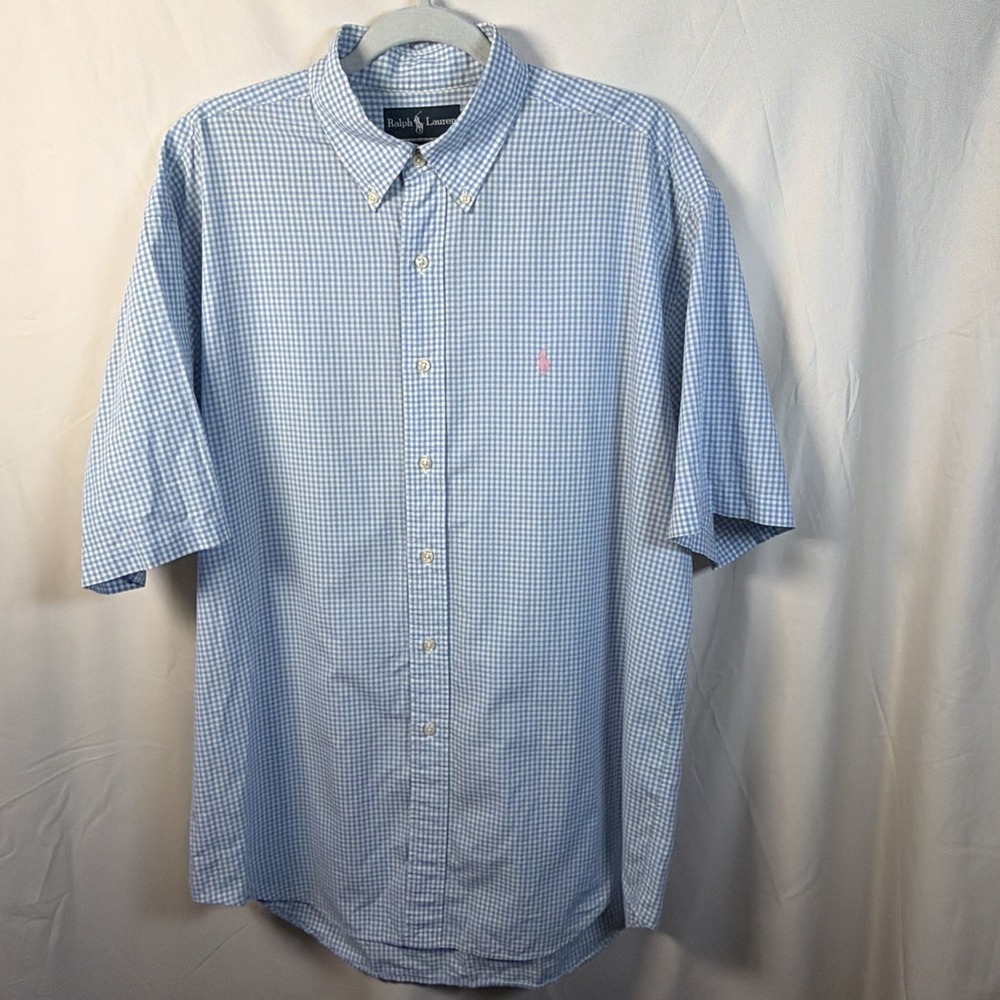 Polo Ralph Lauren Blake‎ Short Sleeve Shirt Mens Large Blue Gingham Cotton